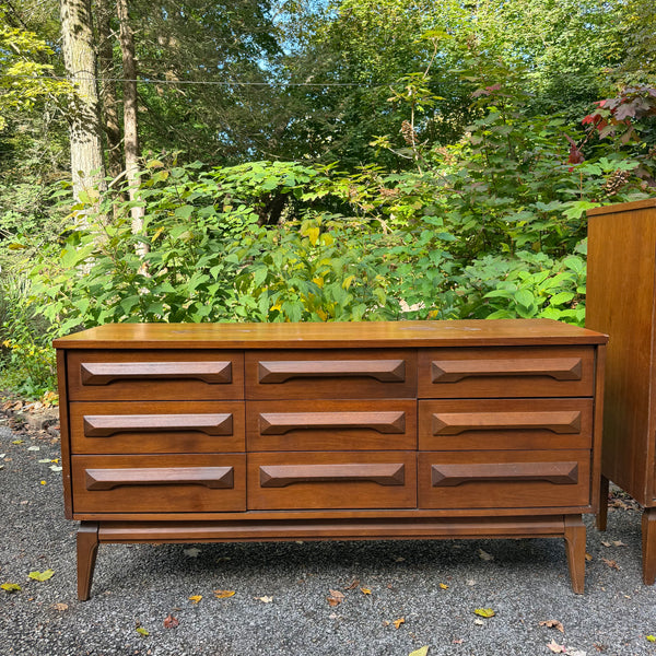 Pair of Vintage Mid-Century Modern Walnut Highboy & Lowboy Dressers with Sculpted Wood Pulls