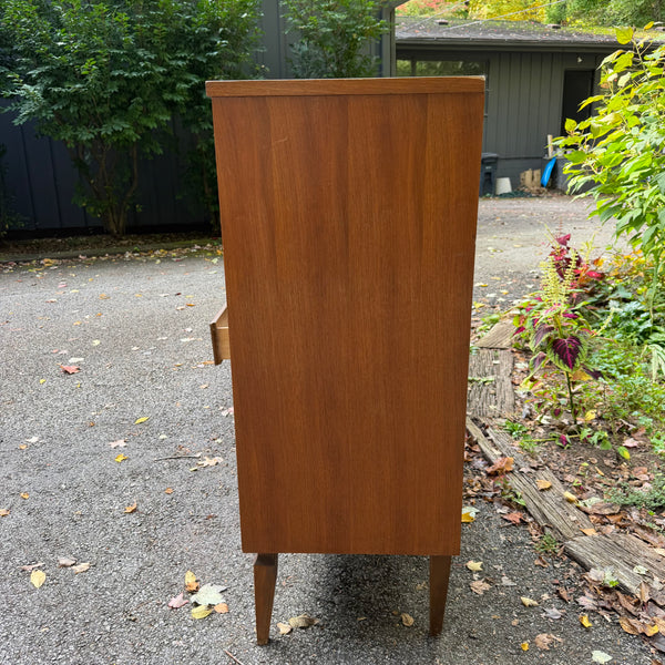 Vintage Mid-Century Modern Walnut Four-Drawer Highboy Dresser with Sculpted Wood Pulls