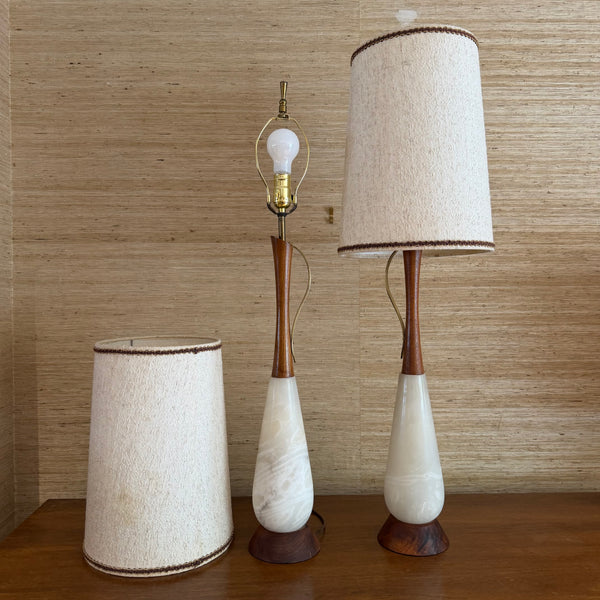 Pair of Italian Alabaster and Teak Table Lamps Original Shades and Finials