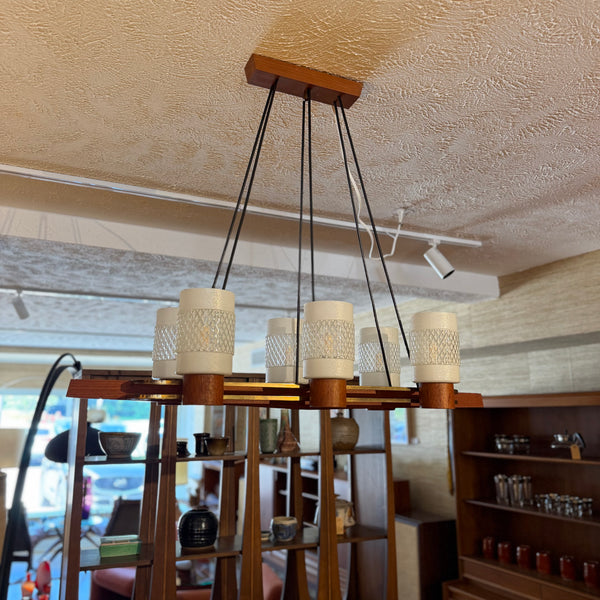 Danish Modern Teak & Brass 6-Light Chandelier with Textured Glass Shades