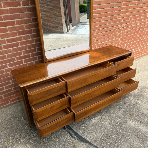American of Martinsville Walnut Lowboy Dresser with Mirror