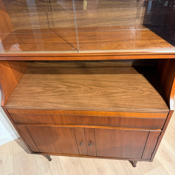 Mid Century Modern Walnut Display Hutch with Sliding Glass Doors