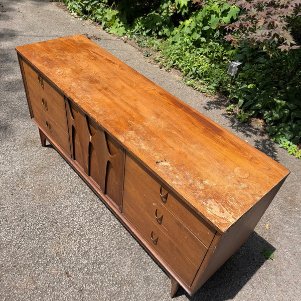 Mid Century Modern Broyhill Brasilia 9 Drawer Walnut Lowboy with Two Mirrors