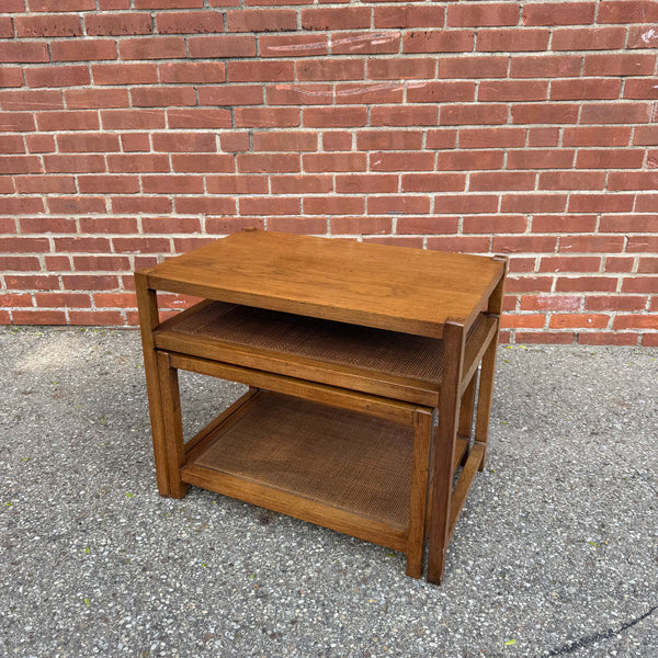 Mid Century Modern Nesting Side Tables with Cane Shelves