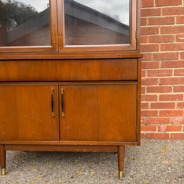 Vintage Mid-Century Modern Petite Walnut & Brass China Cabinet | Hutch