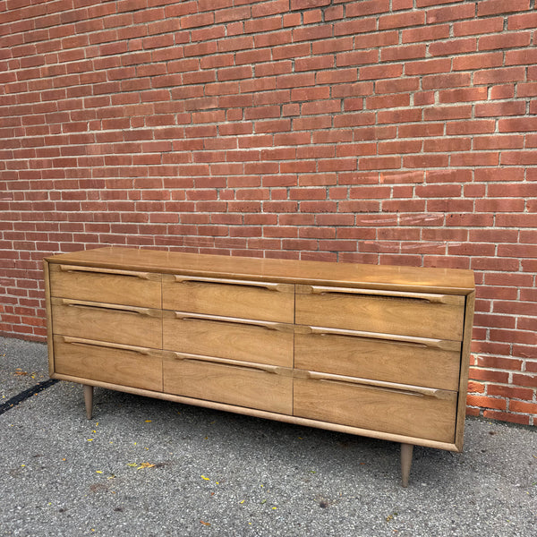 Mid-Century Modern Walnut 9-Drawer Lowboy Dresser with Mirror