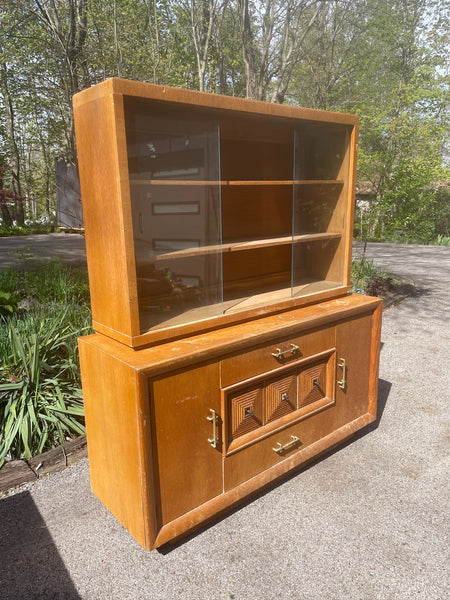 Mid Century Modern Two-Piece Brutalist Style Hutch with Brass Hardware