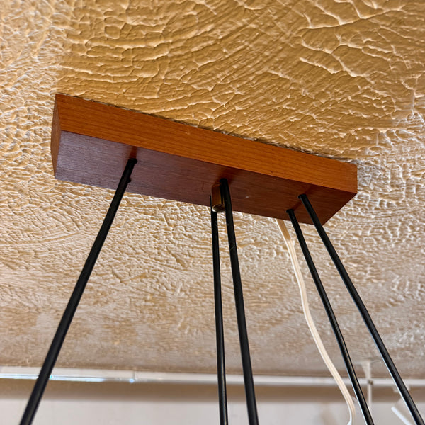 Danish Modern Teak & Brass 6-Light Chandelier with Textured Glass Shades