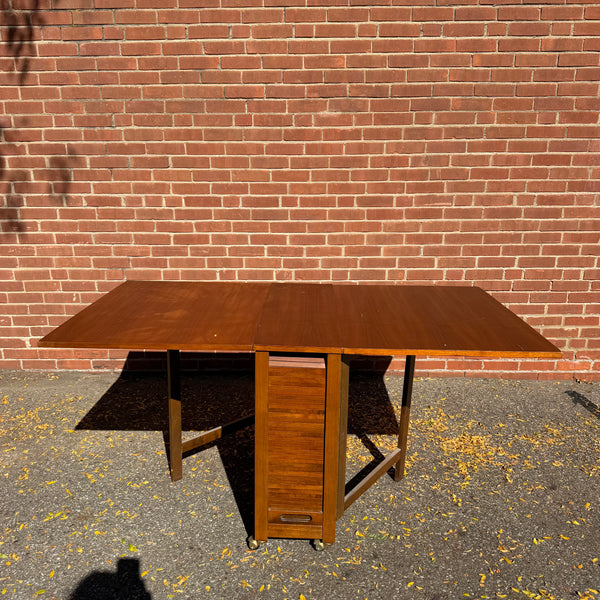 1960s Romanian Mid-Century Modern Walnut Drop-Leaf Hideaway Dining Table & 4 Folding Chairs