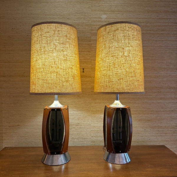Pair of Vintage Lawrin Mid-Century Modern Walnut Chrome Smoked Plexiglass Table Lamps