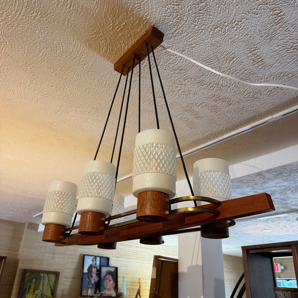 Danish Modern Teak & Brass 6-Light Chandelier with Textured Glass Shades