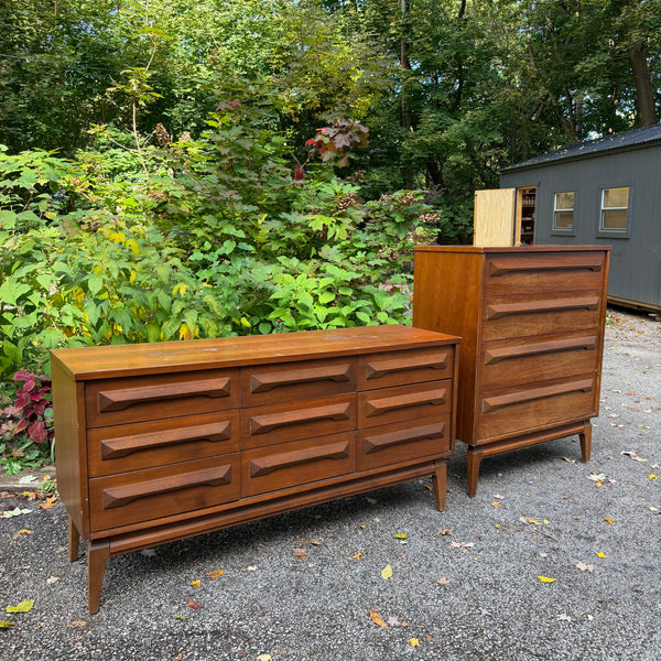 Pair of Vintage Mid-Century Modern Walnut Highboy & Lowboy Dressers with Sculpted Wood Pulls