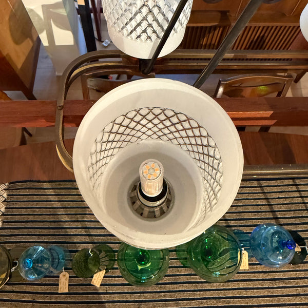 Danish Modern Teak & Brass 6-Light Chandelier with Textured Glass Shades
