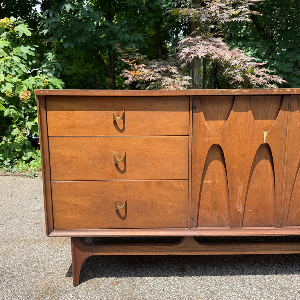 Mid Century Modern Broyhill Brasilia 9 Drawer Walnut Lowboy with Two Mirrors