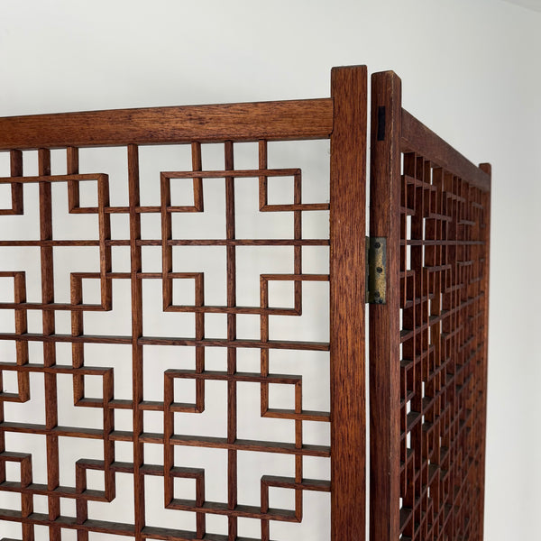 Teak Geometric Lattice Folding Screen Room Divider