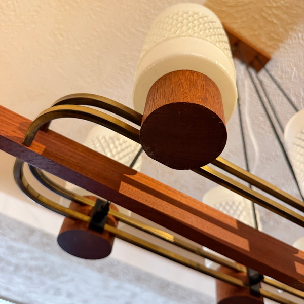 Danish Modern Teak & Brass 6-Light Chandelier with Textured Glass Shades