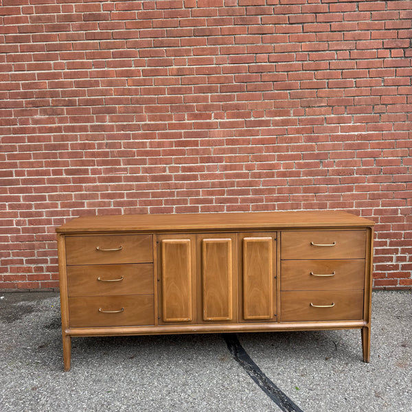 Vintage Broyhill Forward Walnut Lowboy Nine-Drawer Dresser