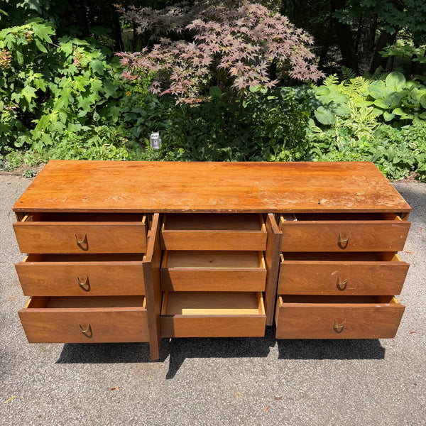 Mid Century Modern Broyhill Brasilia 9 Drawer Walnut Lowboy with Two Mirrors
