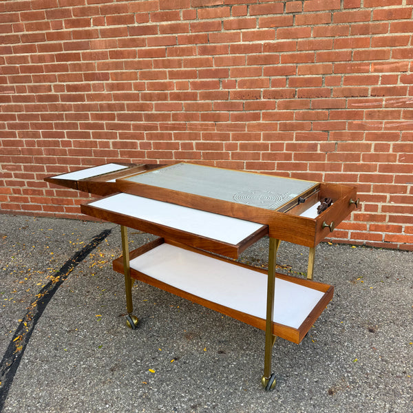Vintage Salton Hotray Walnut & Brass Rolling Mid-Century Bar Serving Cart | Paul McCobb Style