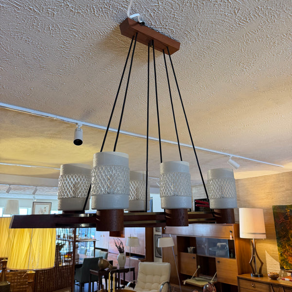 Danish Modern Teak & Brass 6-Light Chandelier with Textured Glass Shades
