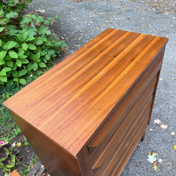 Vintage Mid-Century Modern Walnut Four-Drawer Highboy Dresser with Sculpted Wood Pulls