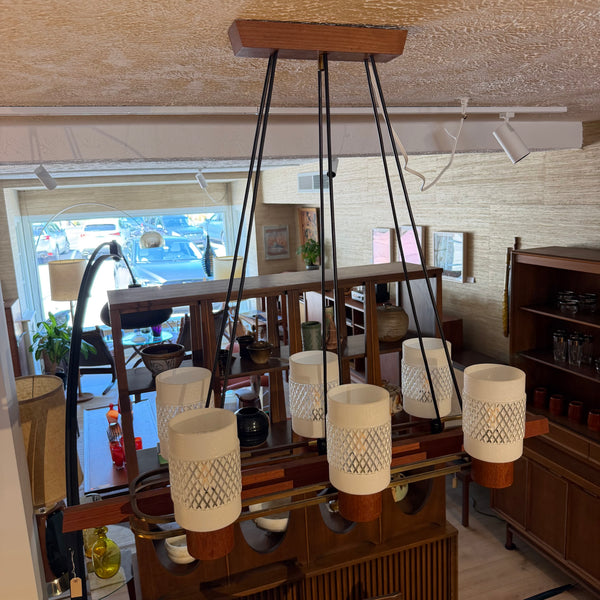 Danish Modern Teak & Brass 6-Light Chandelier with Textured Glass Shades
