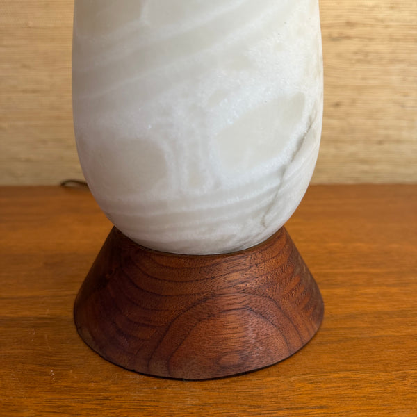 Pair of Italian Alabaster and Teak Table Lamps Original Shades and Finials
