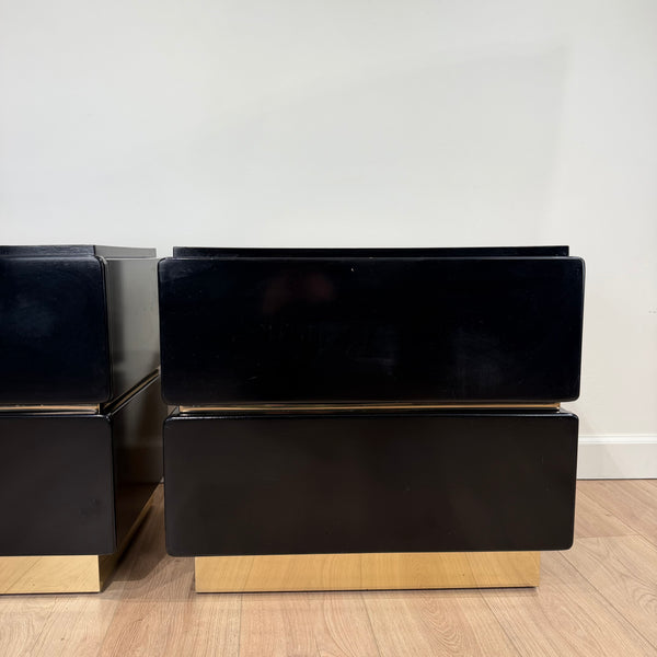 Pair of Black Lacquered Post Modern Nights Stands with Brass Accents
