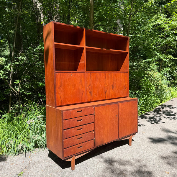 Danish Modern Two-Piece Bookshelf with Drop-Down Secretary Desk Top