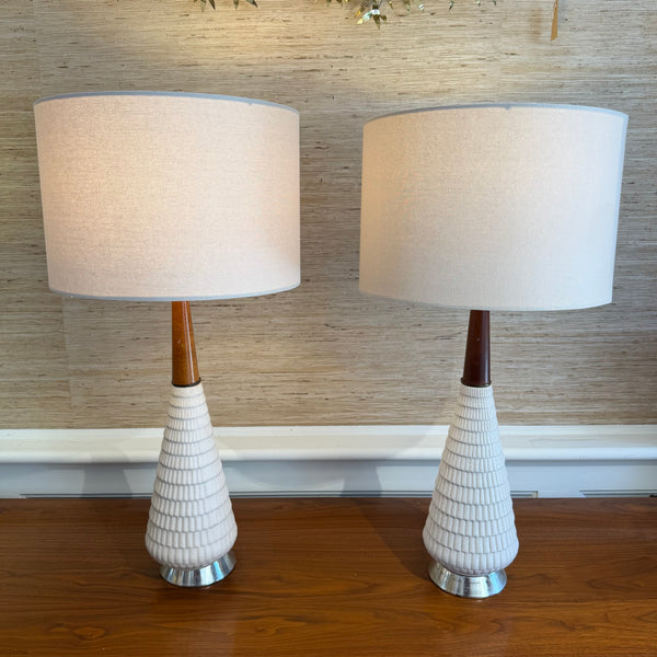 Pair of Mid-Century Modern Ceramic Walnut & Chrome Table Lamps