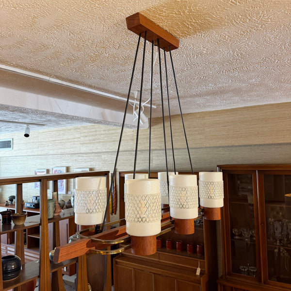 Danish Modern Teak & Brass 6-Light Chandelier with Textured Glass Shades