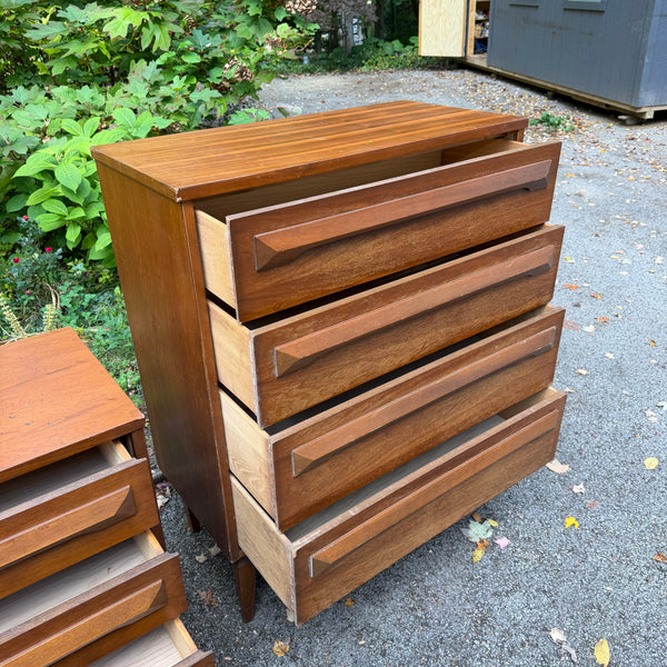 Pair of Vintage Mid-Century Modern Walnut Highboy & Lowboy Dressers with Sculpted Wood Pulls