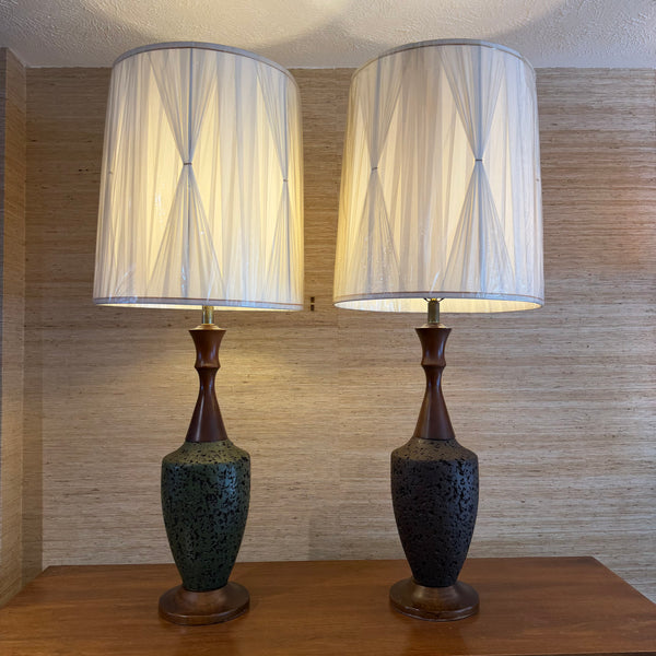 Pair of Mid Century Modern Walnut and Ceramic Table Lamps with Original Shades