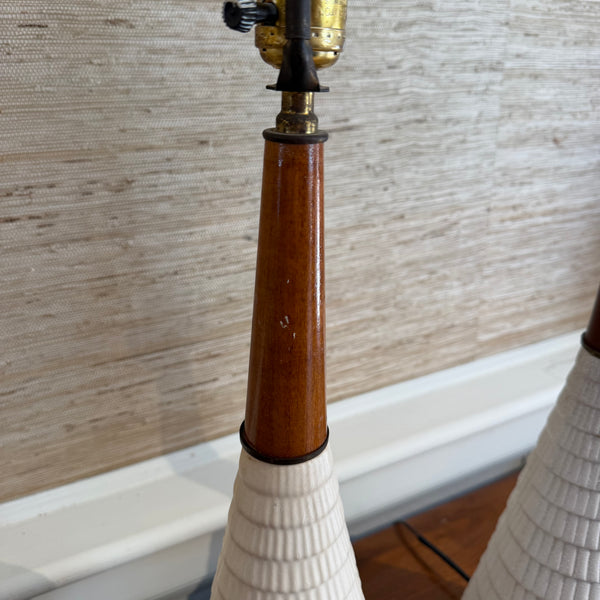 Pair of Mid-Century Modern Ceramic Walnut & Chrome Table Lamps