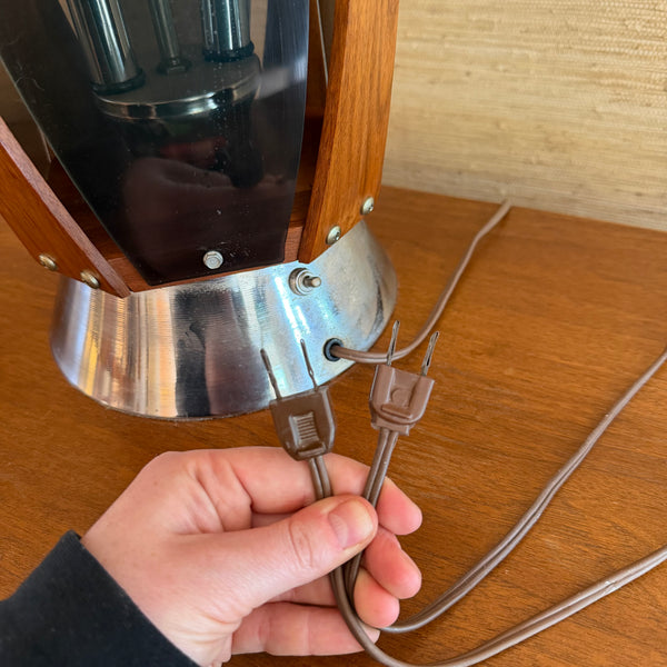 Pair of Vintage Lawrin Mid-Century Modern Walnut Chrome Smoked Plexiglass Table Lamps
