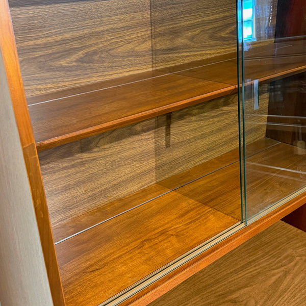 Mid Century Modern Walnut Display Hutch with Sliding Glass Doors