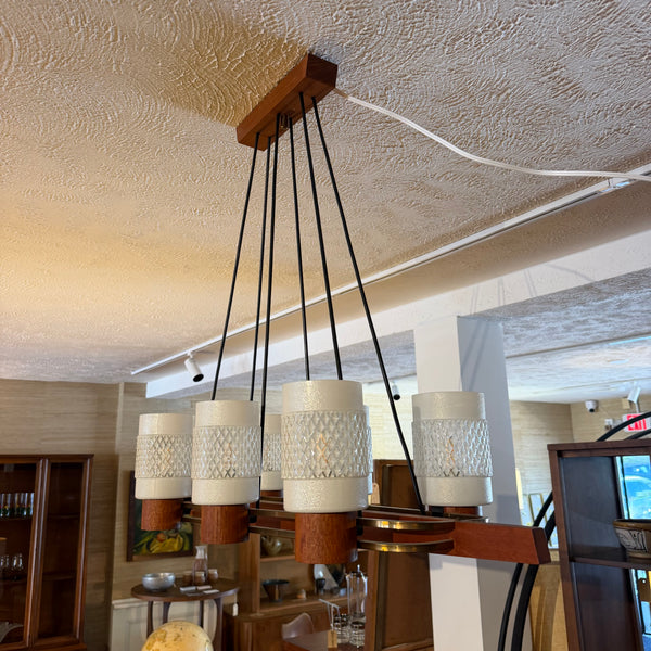 Danish Modern Teak & Brass 6-Light Chandelier with Textured Glass Shades