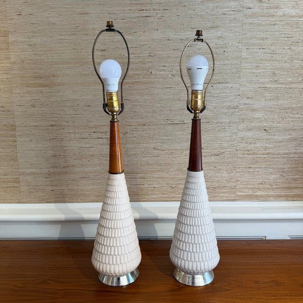 Pair of Mid-Century Modern Ceramic Walnut & Chrome Table Lamps