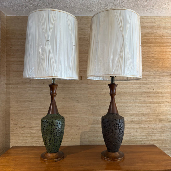 Pair of Mid Century Modern Walnut and Ceramic Table Lamps with Original Shades