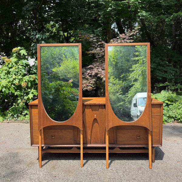 Mid Century Modern Broyhill Brasilia 9 Drawer Walnut Lowboy with Two Mirrors