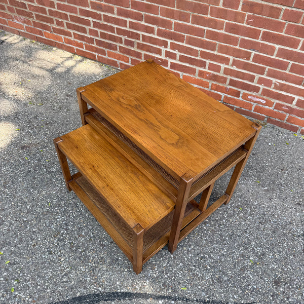 Mid Century Modern Nesting Side Tables with Cane Shelves