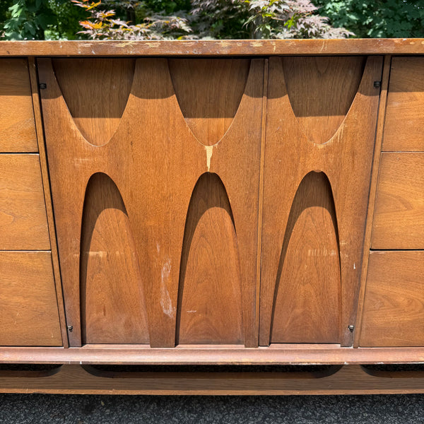 Mid Century Modern Broyhill Brasilia 9 Drawer Walnut Lowboy with Two Mirrors