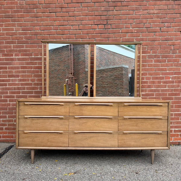 Mid-Century Modern Walnut 9-Drawer Lowboy Dresser with Mirror