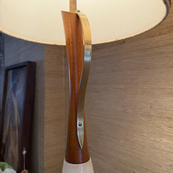 Pair of Italian Alabaster and Teak Table Lamps Original Shades and Finials