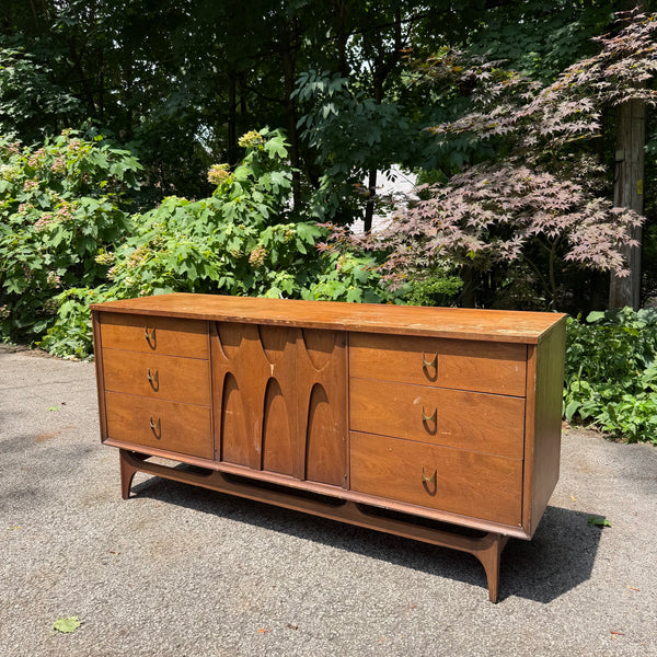 Mid Century Modern Broyhill Brasilia 9 Drawer Walnut Lowboy with Two Mirrors