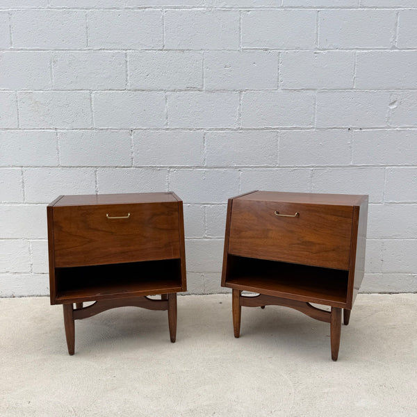 Pair of American of Martinsville “Dania” Walnut Drop-Down Nightstands