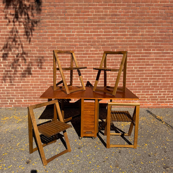 1960s Romanian Mid-Century Modern Walnut Drop-Leaf Hideaway Dining Table & 4 Folding Chairs