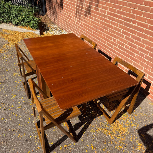 1960s Romanian Mid-Century Modern Walnut Drop-Leaf Hideaway Dining Table & 4 Folding Chairs