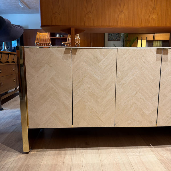 Postmodern Ello Travertine and Brass Credenza
