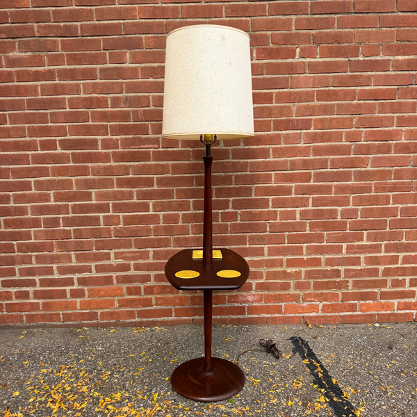 Vintage Mid-Century Modern Walnut Laurel-Style Floor Lamp Table with Ceramic Ashtray & Coasters